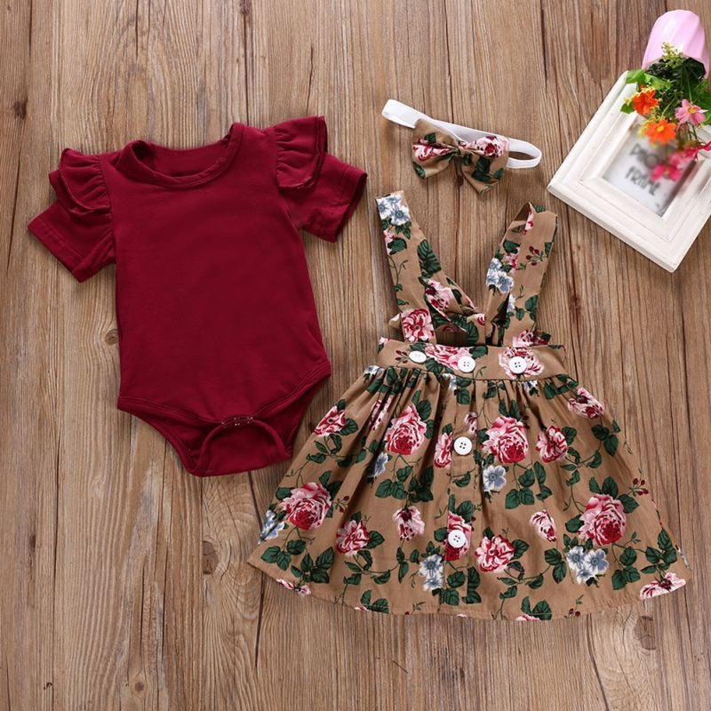 Short Sleeve Flare Romper + Floral Print Dress + Bow Headband